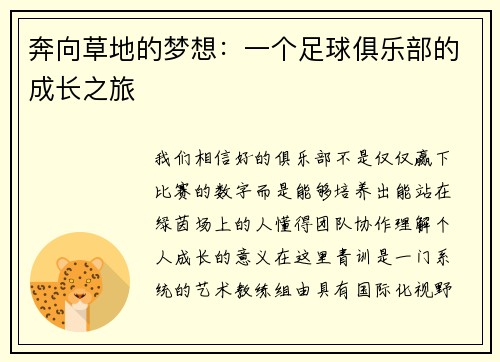 奔向草地的梦想：一个足球俱乐部的成长之旅