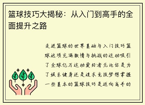 篮球技巧大揭秘：从入门到高手的全面提升之路