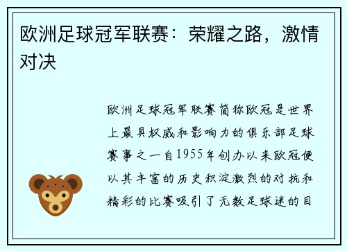 欧洲足球冠军联赛：荣耀之路，激情对决